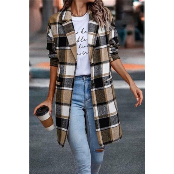 Women's 2024 Plaid Shacket Jacket Casual Button Wool Blend Winter Trench Coat - Picture 5 of 7